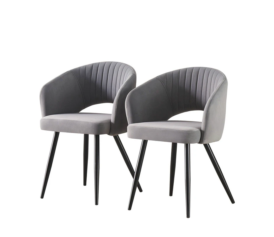 2x Grey Velvet Armchair Dining chair Black Metal Legs For Living room Dinning room Cafe Office