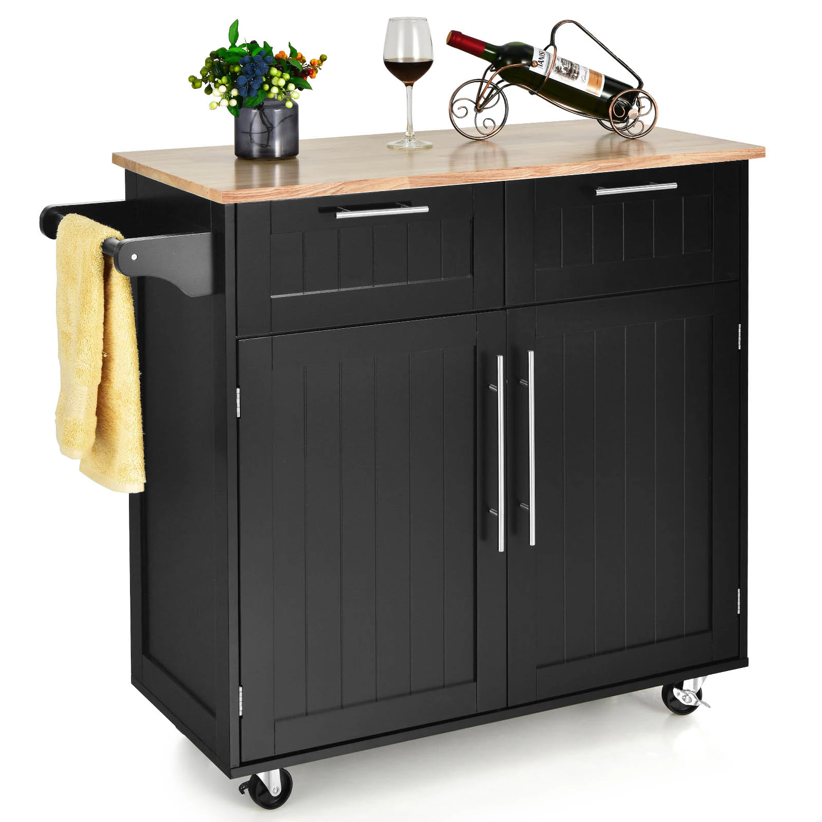 Giantex Kitchen Island Trolley Serving Cart Rolling Storage Cabinet w/Rubber Wood Top/Towel Rack/Drawer, Black