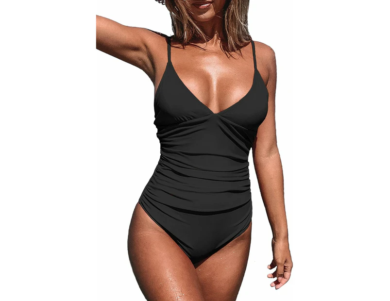 Womens One Piece Swimsuit Tummy Control V Neck Bathing Suits - Black