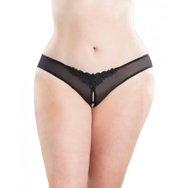 Crotchless Thong with Pearls Black 3X-4X