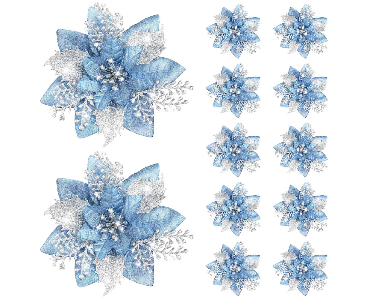 12 Pack Artificial Flowers Glitter Christmas Tree Ornaments for Party Decoration-Blue