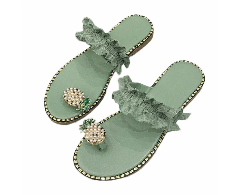 Amoretu Pearls Pineapple Sandals Summer Comfort Clip Toe Flat Slippers-Green