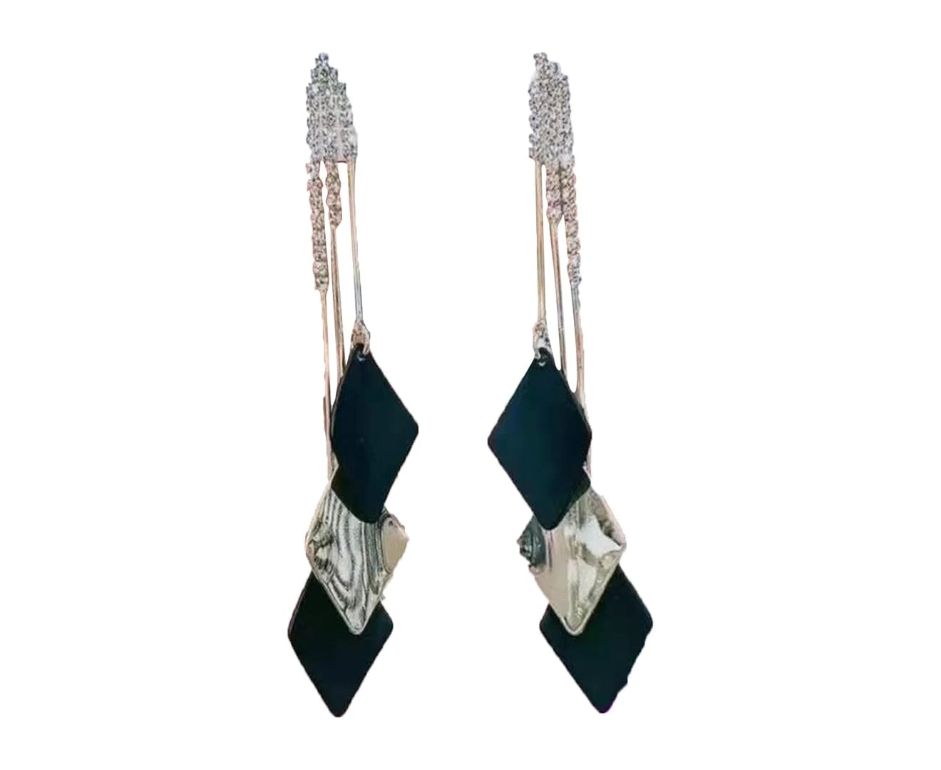 1 Pair Women Dangle Earrings Tassel Rhinestone Geometric Graceful Drop Earrings for Gift-Black - Black