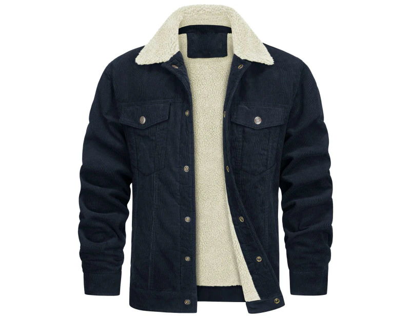 Men's Fleece Sherpa Lined Corduroy Jackets Lapel Button Thickened Winter Coats-navy blue