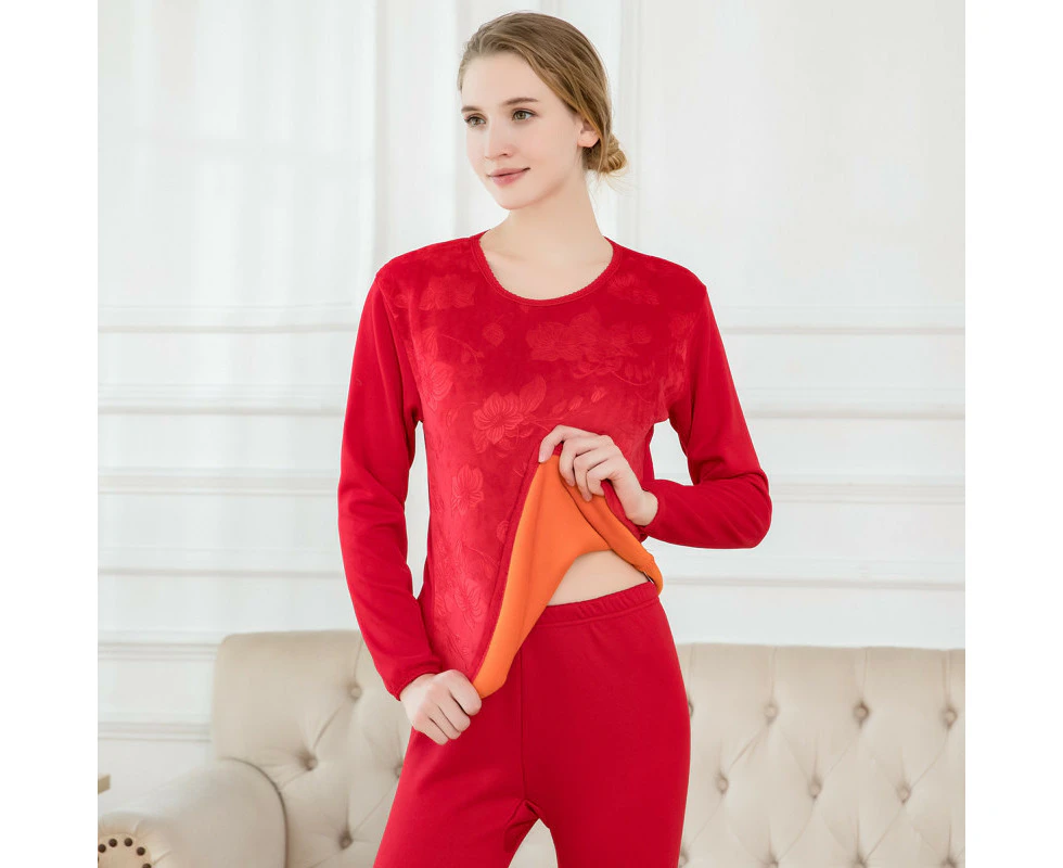 Women's Thermal Underwear Set Inner Fleece Thick Warmer Top & Thermal Pants Leggings - Red 2