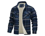 Men's Cotton Plaid Long Sleeve Jacket Fleece Lined Flannel Sherpa Button Down Coat-navy blue