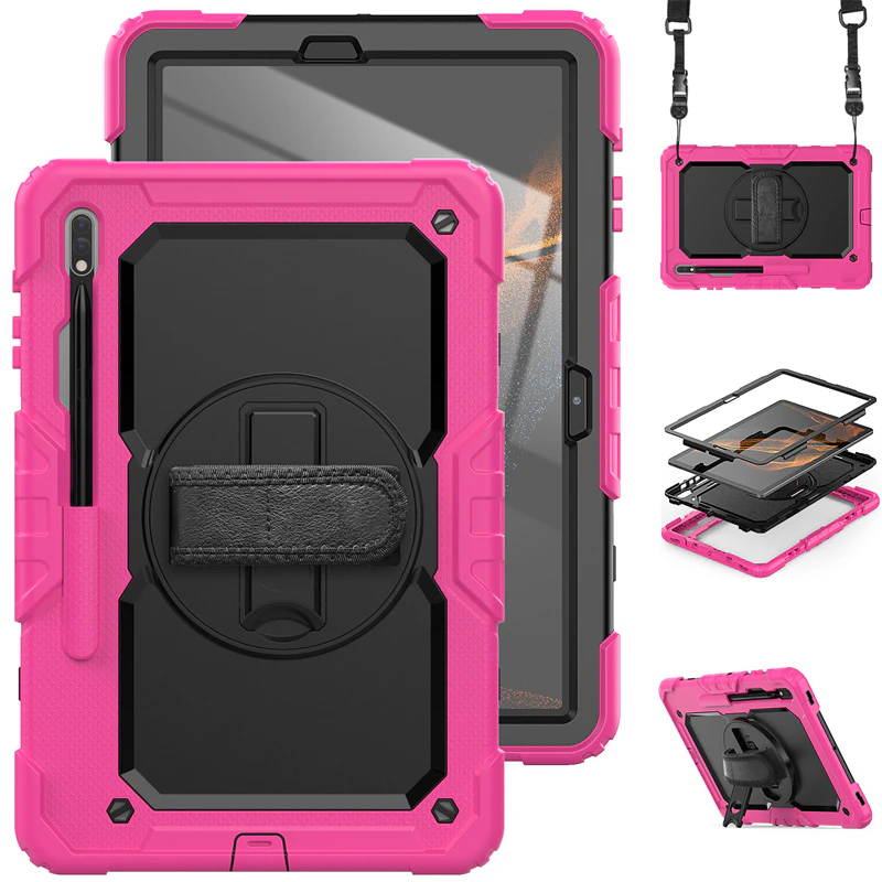 WASSUP Samsung Galaxy Tab S8 Plus/S7 FE 12.4 inch Case With Screen Protector 360 Rotating Hand Strap Stand & Shoulder Strap-Black&RoseRed