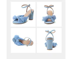 Amoretu Pleated Bowknot Heels Elegant Chunky Block Ankle Strap Sandals-Blue