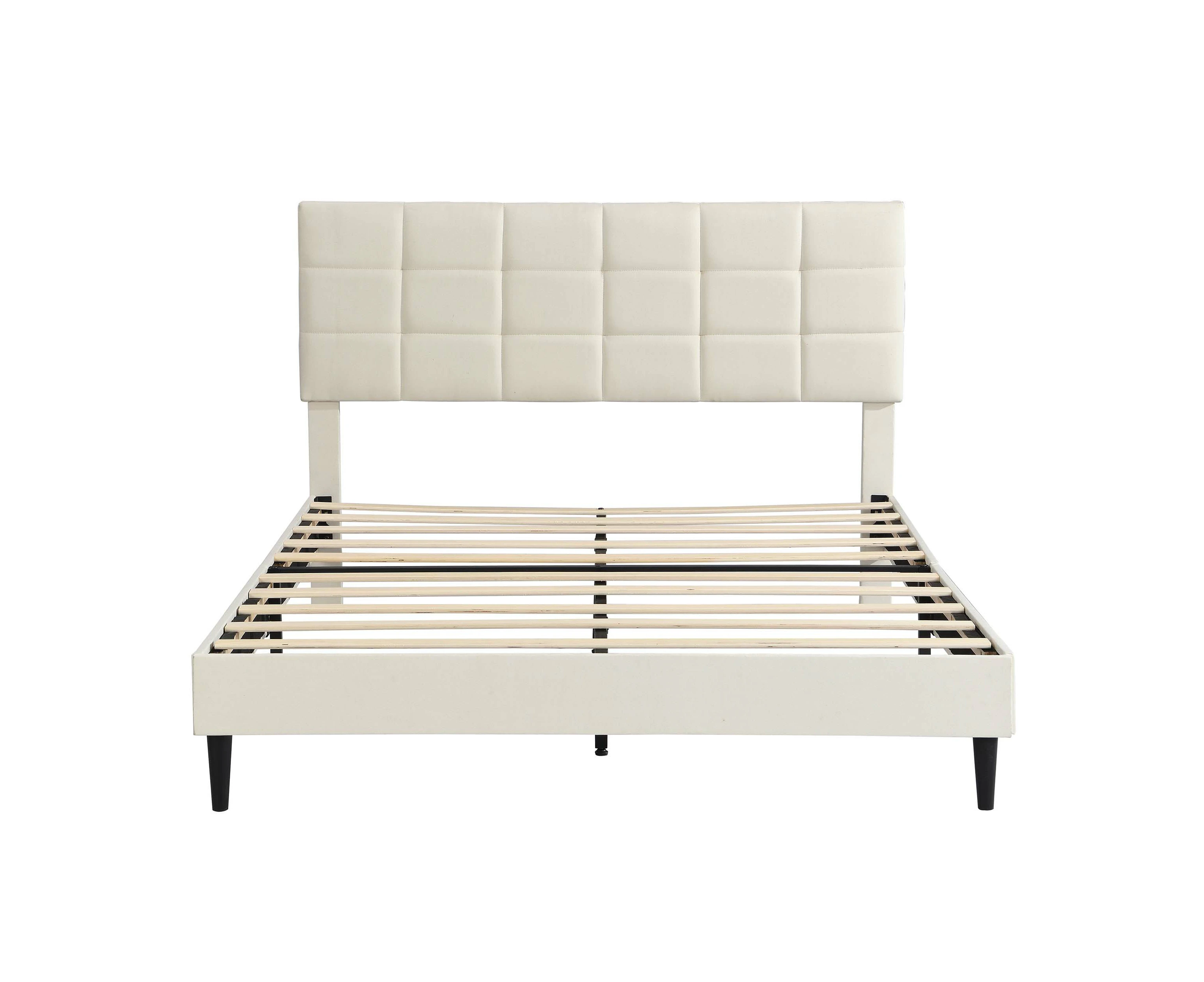 Queen Size Platform Bed Frame with Fabric Upholstered Headboard and Wooden Slats,Beige