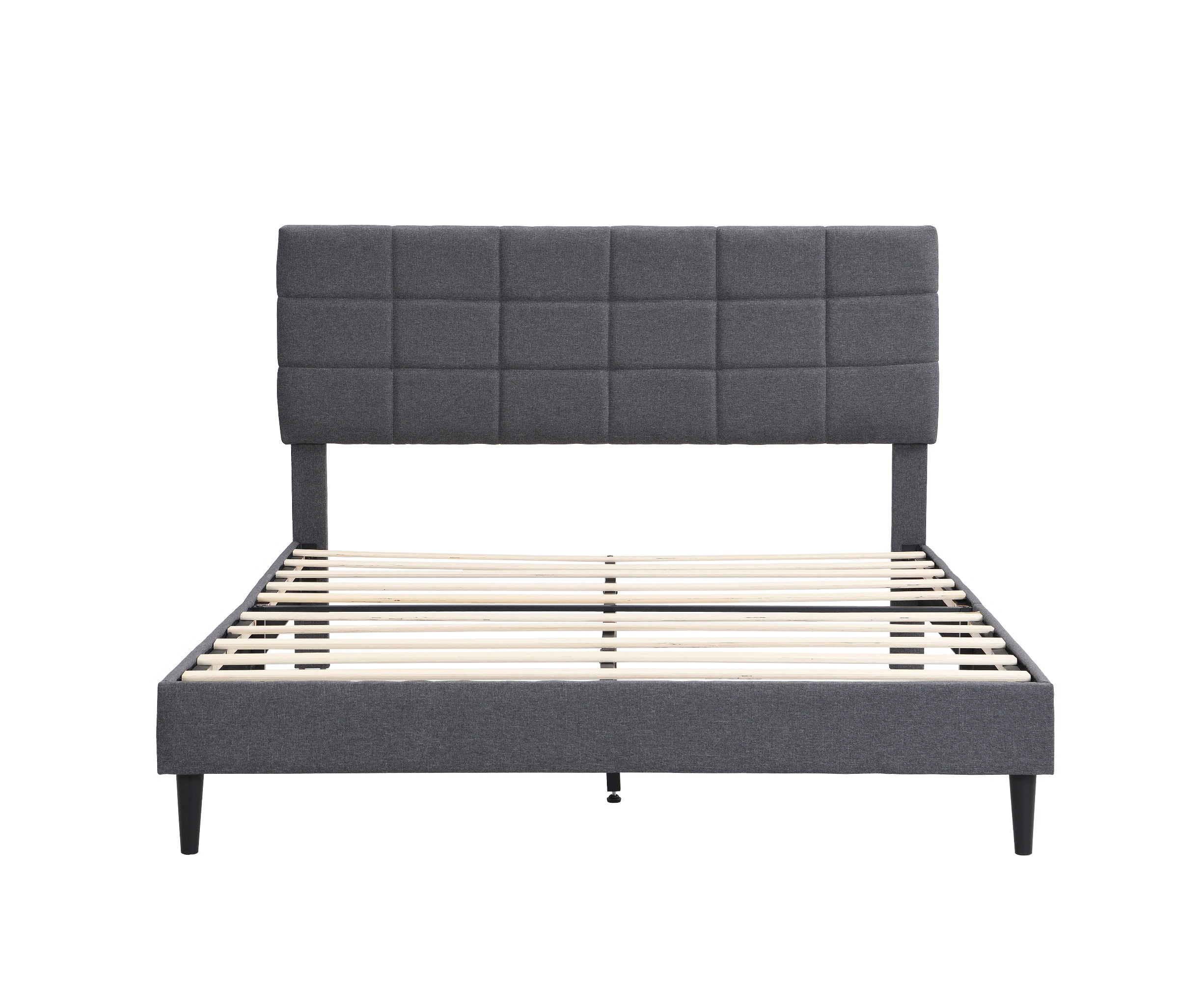 Queen Size Platform Bed Frame with Fabric Upholstered Headboard and Wooden Slats,Grey