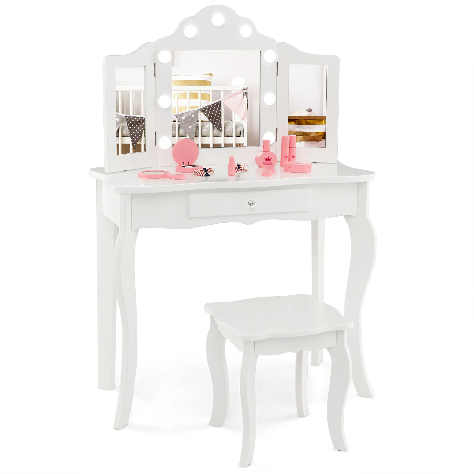 Giantex 2-in-1 Kids Vanity Table Stool Set 3-Color LED Makeup Table Tri-Folding Mirror Dressing Table w/Drawer, White