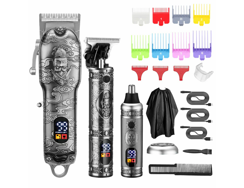 Hair Clippers for Man T-Blade Trimmer Nose Hair Trimmer Set Cordless Barber Clippers Cutting Beard LCD Display-Silver