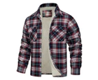 Men's Cotton Plaid Long Sleeve Jacket Fleece Lined Flannel Sherpa Button Down Coat-Wine red