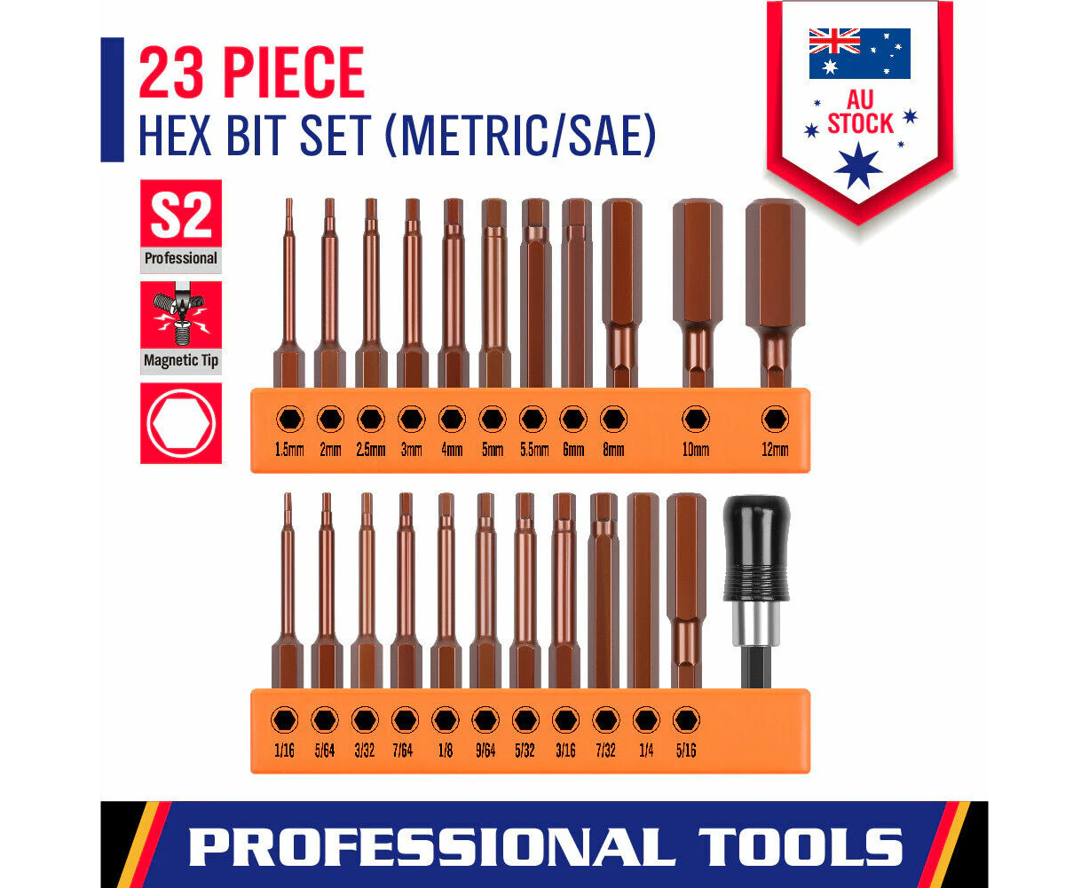 23Pc Metric & SAE Hex Bits Set Allen Keys Drill Quick Release Adaptor S2 Steel