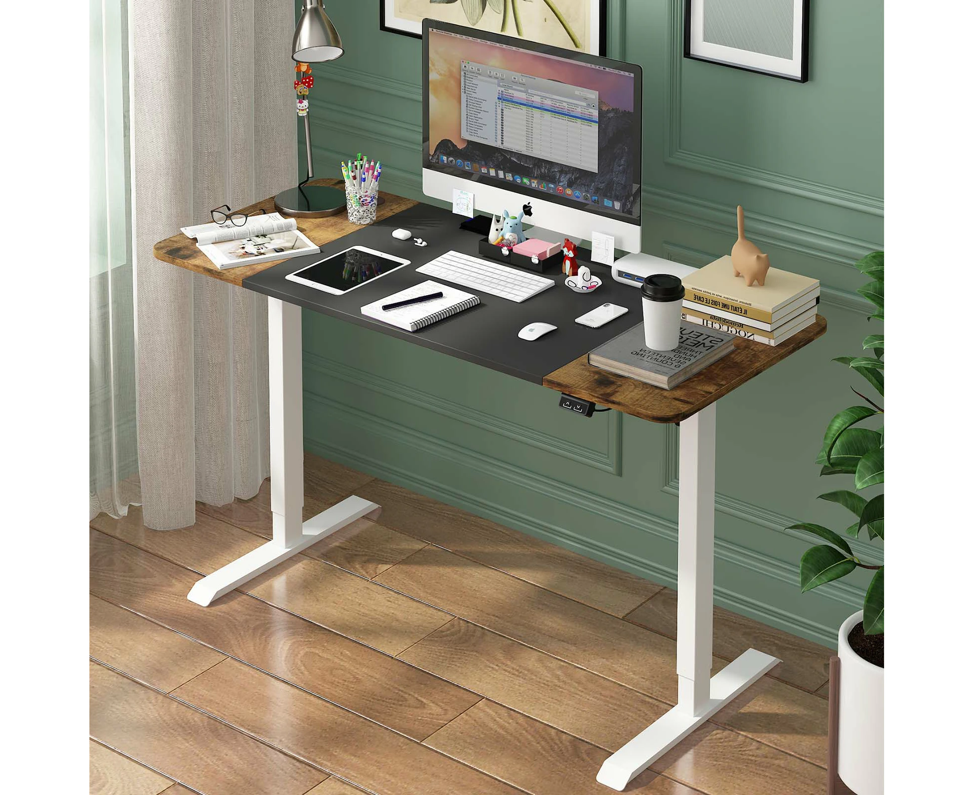 Ufurniture Electric Standing Desk Height Adjustable Motorised Sit Stand Desk 140cm Splice Board Home Office Workstation Black+Walnut Table Top+ White Frame