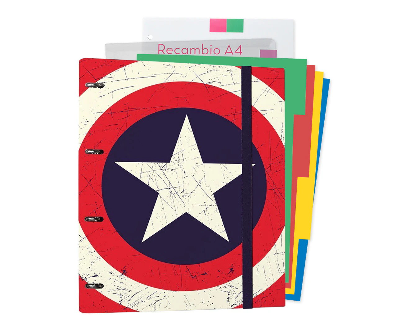 Official Marvel 4 Ring Binder - Premium Captain America Shield A4 Folder Ring Binder + 100 A4 Sheets + Dividers - MKTP