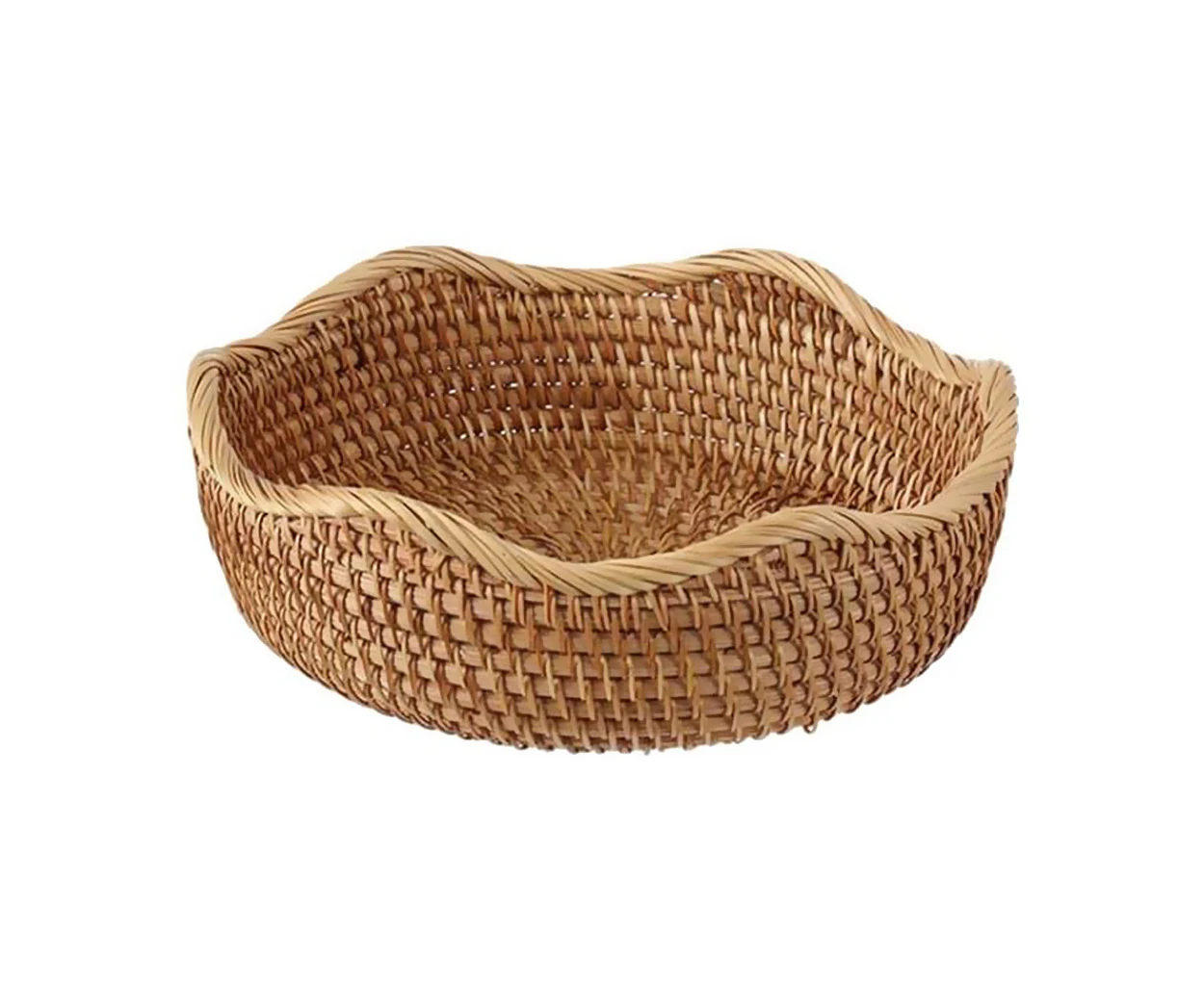 DelSol Handmade Woven Bread Storage Tray Round Rattan Wave Edge Fruit Basket Holder Medium Size