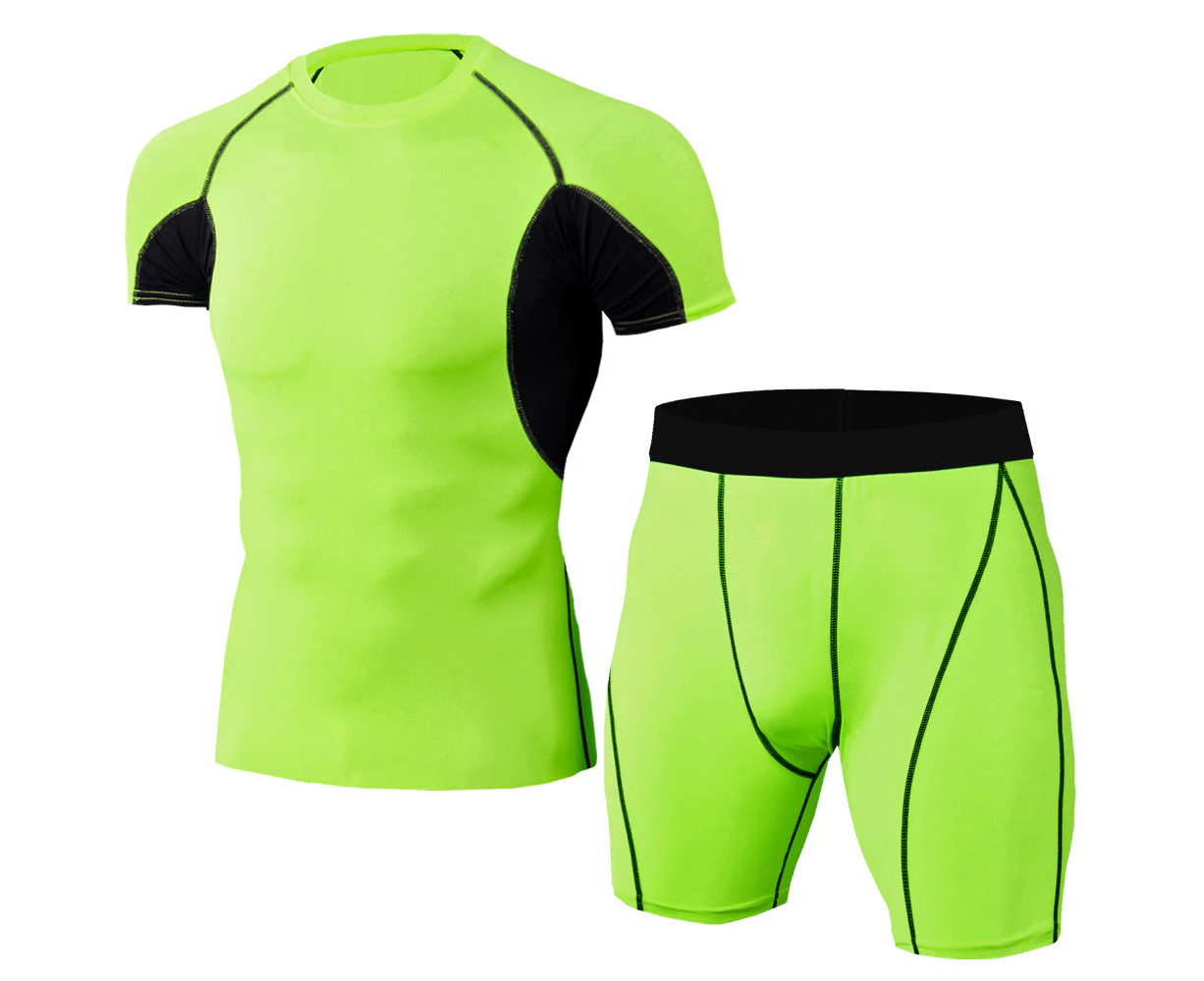 Men's Compression Sports Sets Elastic Fitness T-Shirt Fast Drying Tops Short Pants Sports Tight Suits - Green