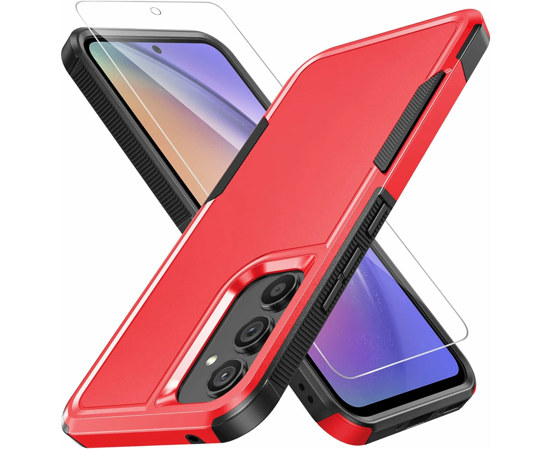 New Dual Layer Tough Cover Rugged Case For Samsung Galaxy A15 5G Free Screen Protectors - Red