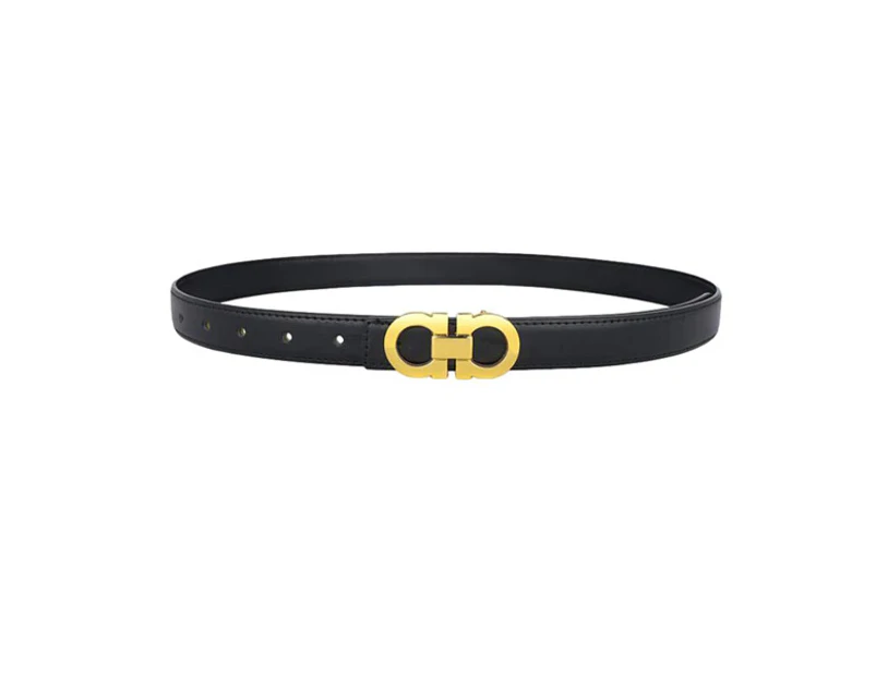 Kings Collection Women Golden Double Ring Frame Buckle Genuine Leather Belt 105cm - Black