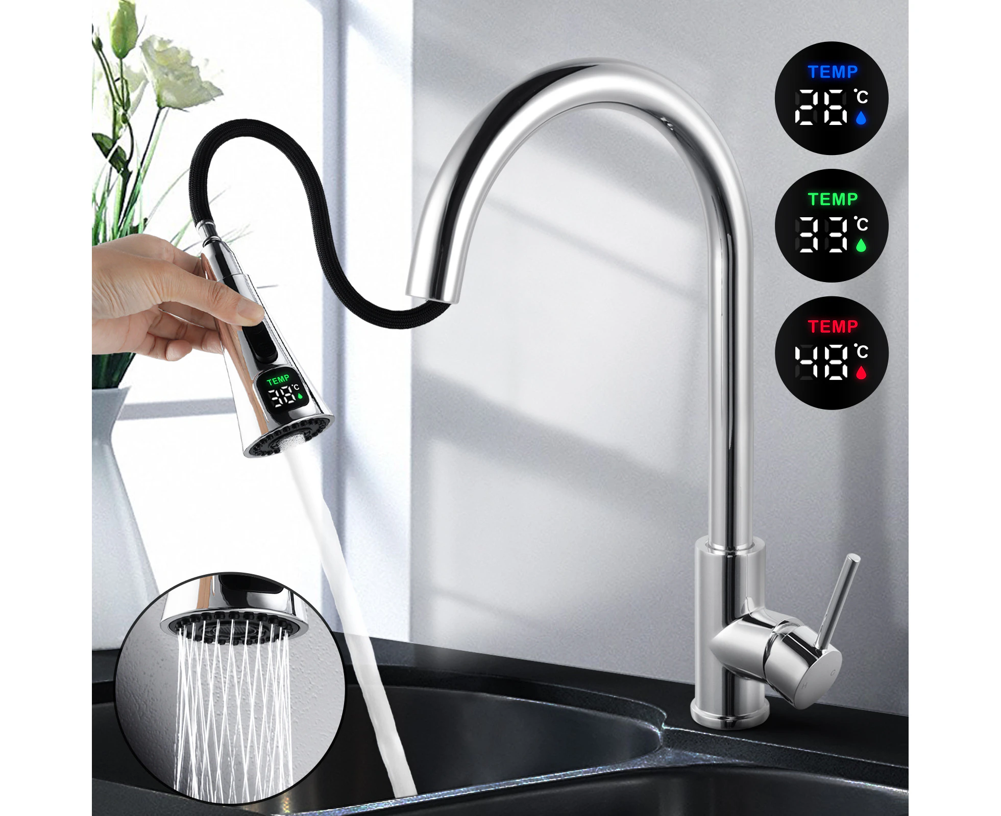 Digital Temp Pull out Spray head Kitchen tap Smart temperature sensor water Kitchen Faucets