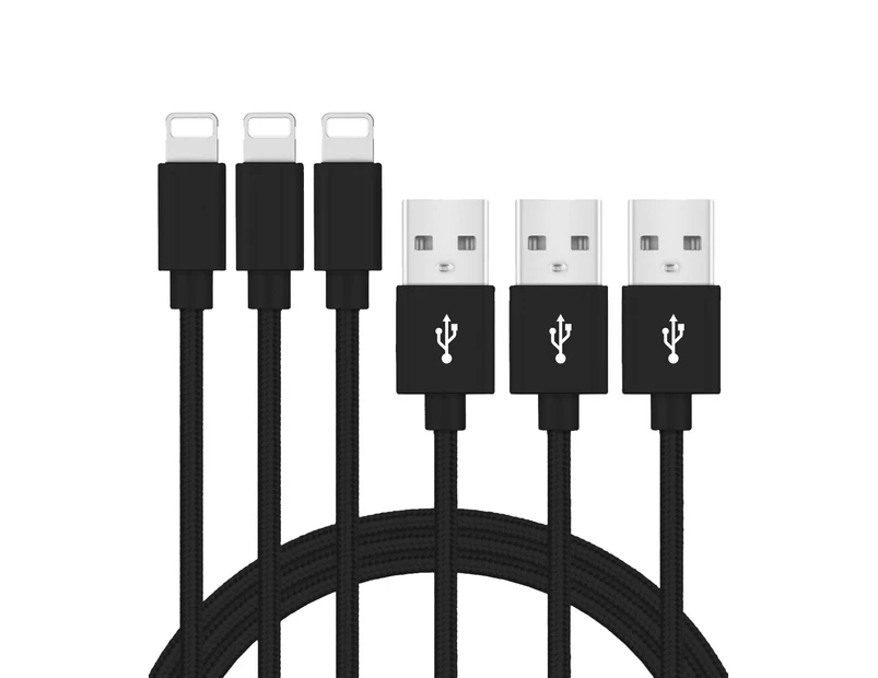 [3 Pack] 2M USB 2.1A Fast Charger Cable Naylon Braided For Apple iPhone 14 13 12 11 XR X S Max Charging Cord - Black