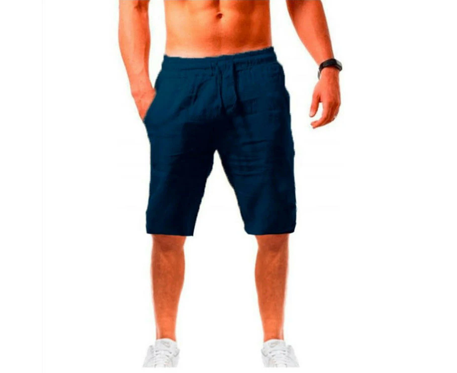 Men’s Linen Shorts Casual Drawstring Summer Beach Shorts-Dark blue