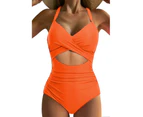 Women One Piece Tummy Control Swimsuits Push Up Bathing Suits Cutout Front Cross Swimwear-orange