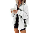 Womens Waffle Knit Plaid Shacket Boyfriend Button Down Shirt Jacket Loose Long Sleeve Tops-white