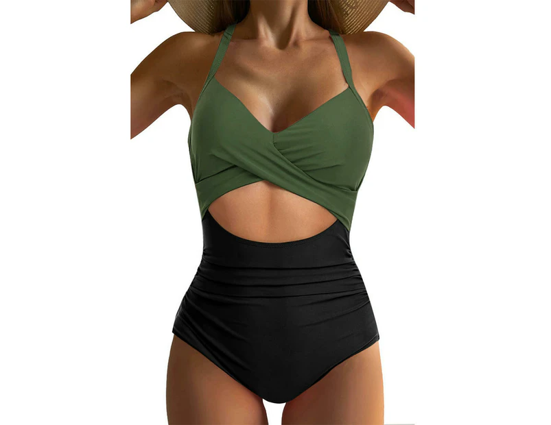 Women One Piece Tummy Control Swimsuits Push Up Bathing Suits Cutout Front Cross Swimwear-Black+Sand Green