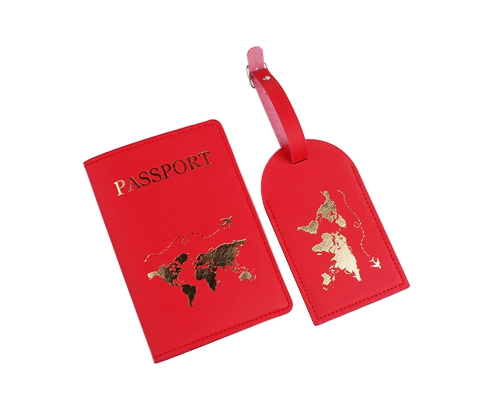 PU Leather Passport Cover for Women Men Wallet Bag Credit Card Holder Boarding Wallet Travel Accessories - Red - 2 piece set