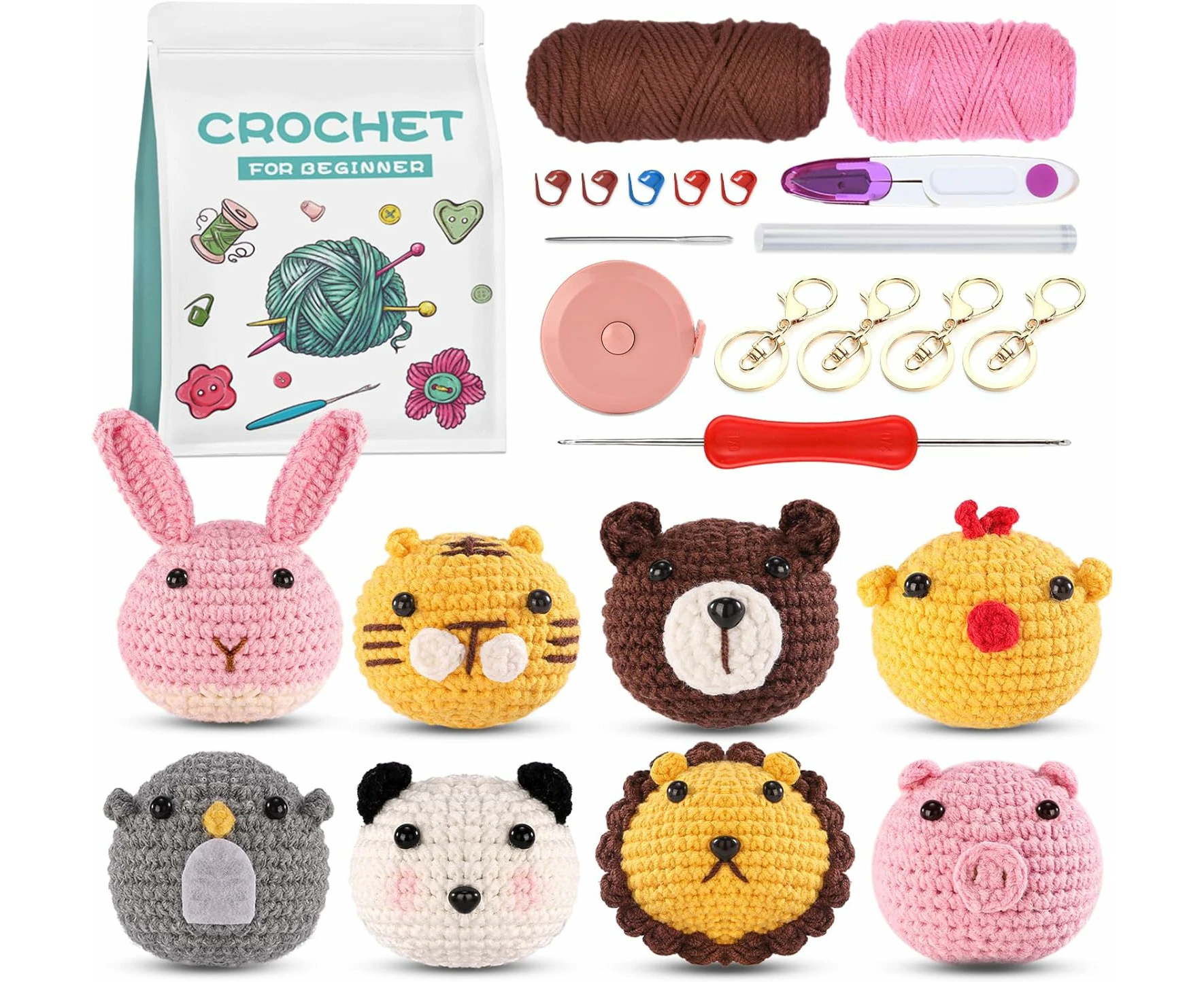 8 Pcs Crochet Kit for Beginners Crochet Animal Kit for Adults and Kids  Beginner Crochet Kit for Gifts