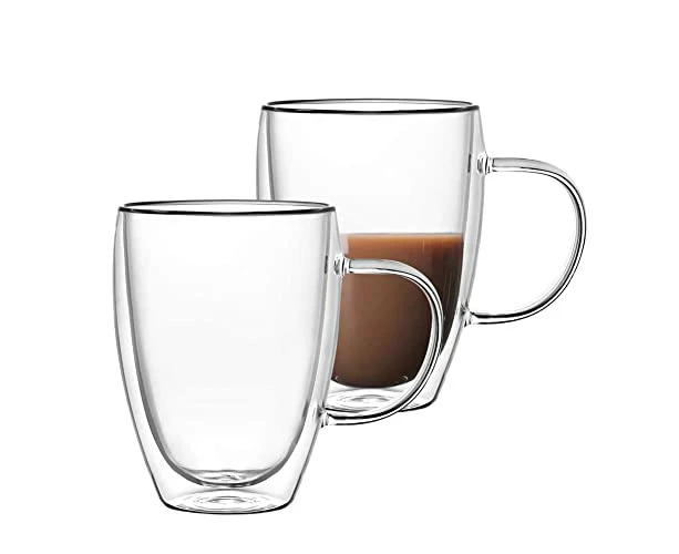 2-Pack Glass Coffee Mugs, Double Walled Insulated Layer Coffee Cups with Handle