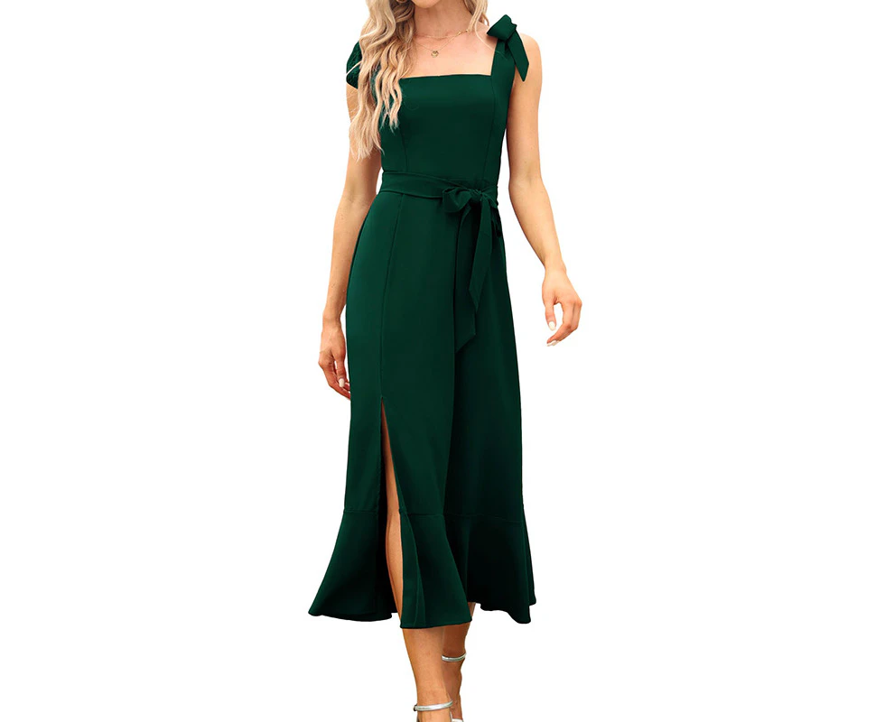 Strapsco Womens Elegant Bow Long Dress Square Neck Split Midi Dresses-Dark Green