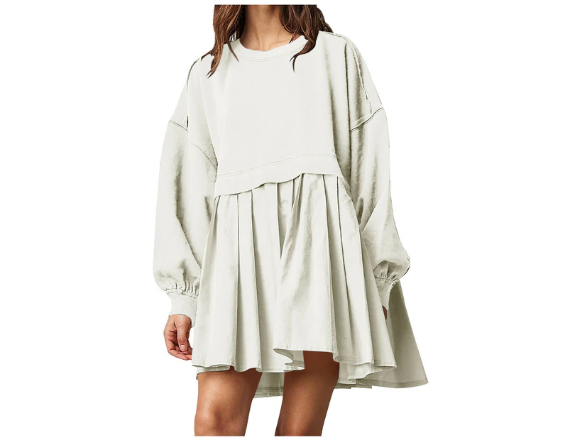 Women's Oversized Long Sleeve Sweatshirt Dress Patchwork Pullover Loose Pleated Skirt Top-White