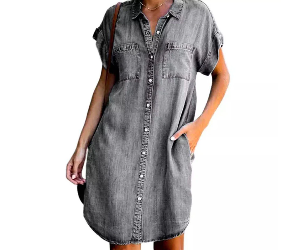 Strapsco Women Denim Shirt Dress Short Sleeve Button Loose Casual Long Dresses-Grey