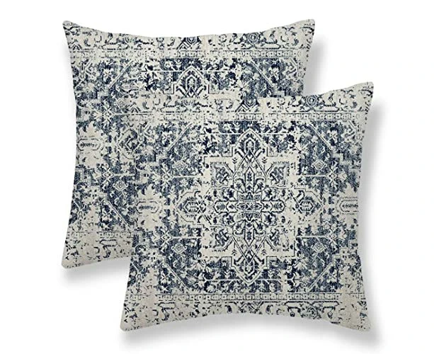 Pillow Covers 18x18 Set of 2, White Navy Blue Carpet Pattern Outdoor Decorative Throw Pillows