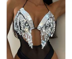 Lace-up Halter Sequins Tassel Backless Women Monokini See-through Patchwork Mesh One-Piece Swimsuit Beachwear-Black