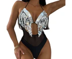 Lace-up Halter Sequins Tassel Backless Women Monokini See-through Patchwork Mesh One-Piece Swimsuit Beachwear-Black