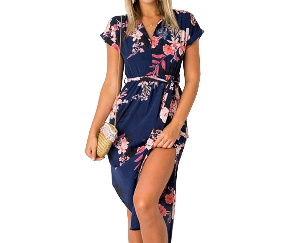 Strapsco Womens Summer Dress with Floral Geometric Pattern lace up V Neck Long Dresses-Blue Flower