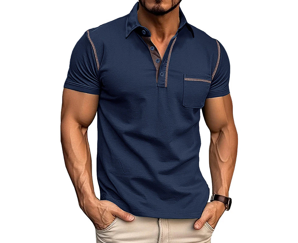 Mens Short Sleeve Polo Shirts Button V-neck Casual Henley Shirts with Chest Pockets for Men-Navy