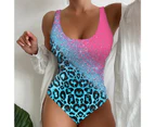 Women Scoop Neck Sleeveless Monokini Leopard Tie-dye Print One-Piece Swimming Suit Skinny Fit Beachwear-Pink