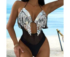 Lace-up Halter Sequins Tassel Backless Women Monokini See-through Patchwork Mesh One-Piece Swimsuit Beachwear-Black