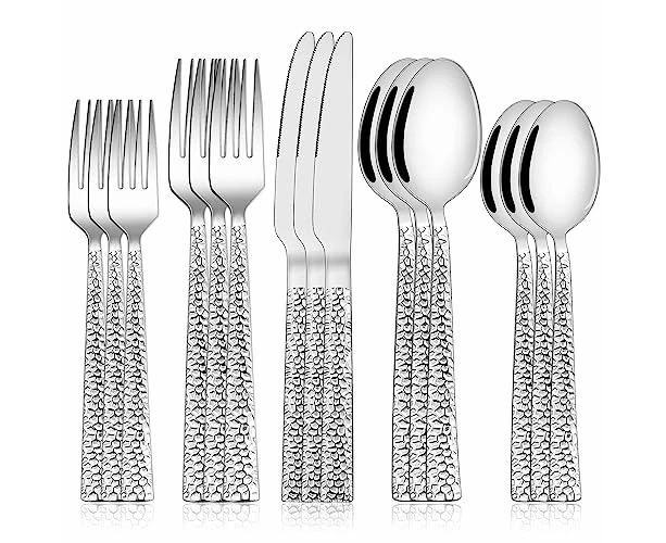 60-Piece Hammered Silverware Set, Stainless Steel Square Flatware Set for 12