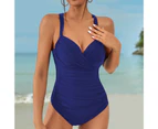 Women Summer Monokini V Neck Low-cut Cross Back Solid Color Tight Swimming Adjustable Straps Pleated Women Bathing Suit Water Sports Clothes-Blue