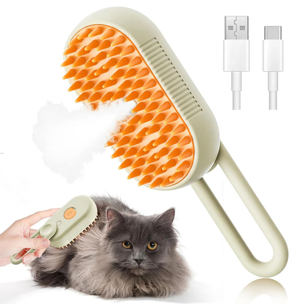 Hansona Self-Cleaning Hair Removal Cat Steamy Brush with Massager - White