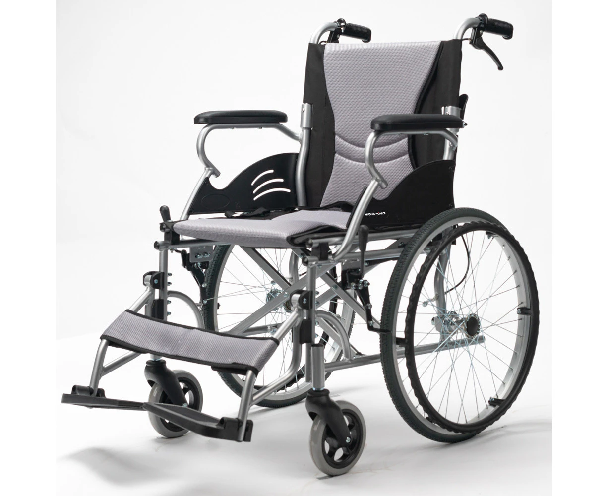 EQUIPMED Folding Aluminium Wheelchair, 20 Inch Wheels, Park Brakes, 100kg Capacity, Grey/Black