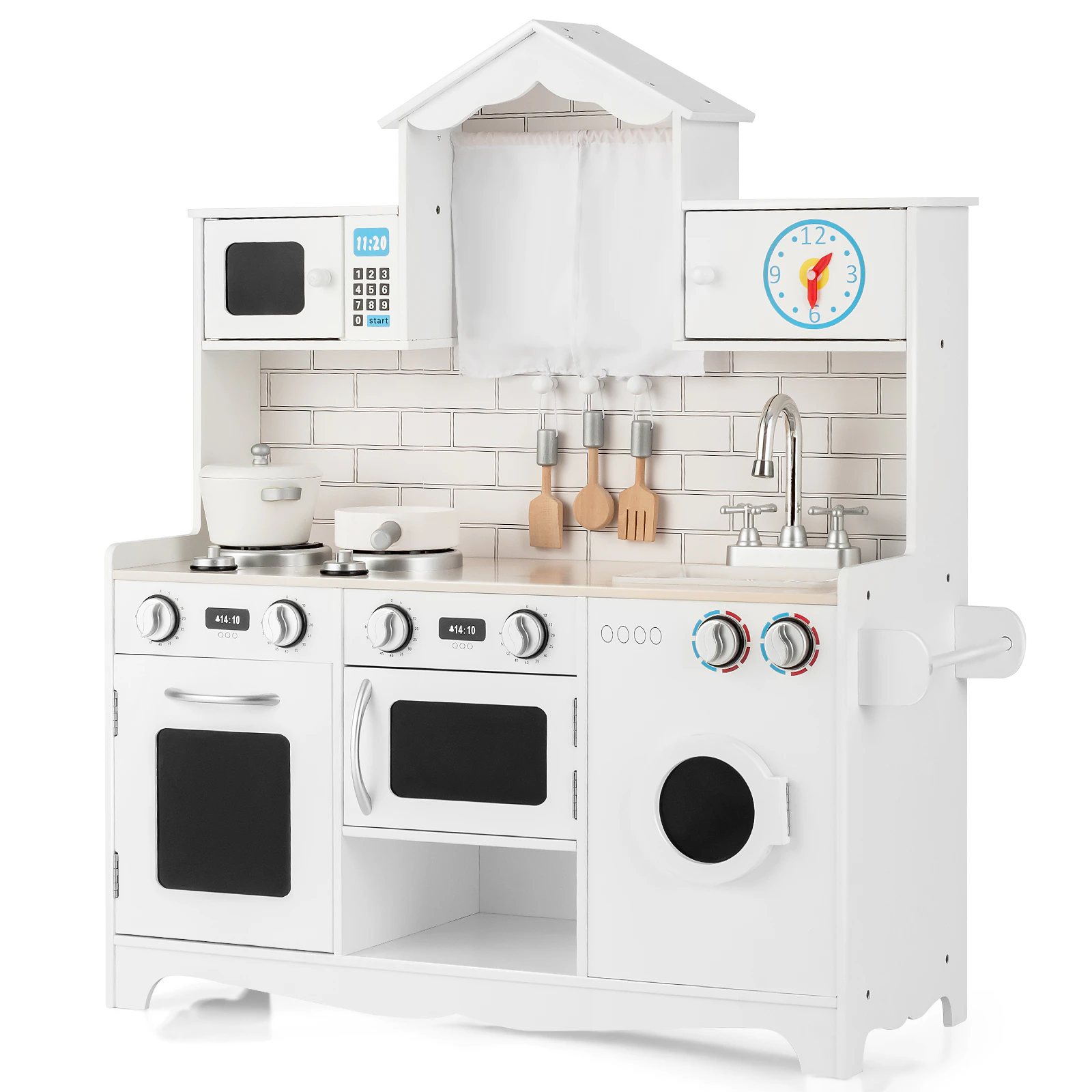 Costway Pretend Playset Kitchen Toy Wood Role-Play Cooking Set w/Cookware ren Gift, White