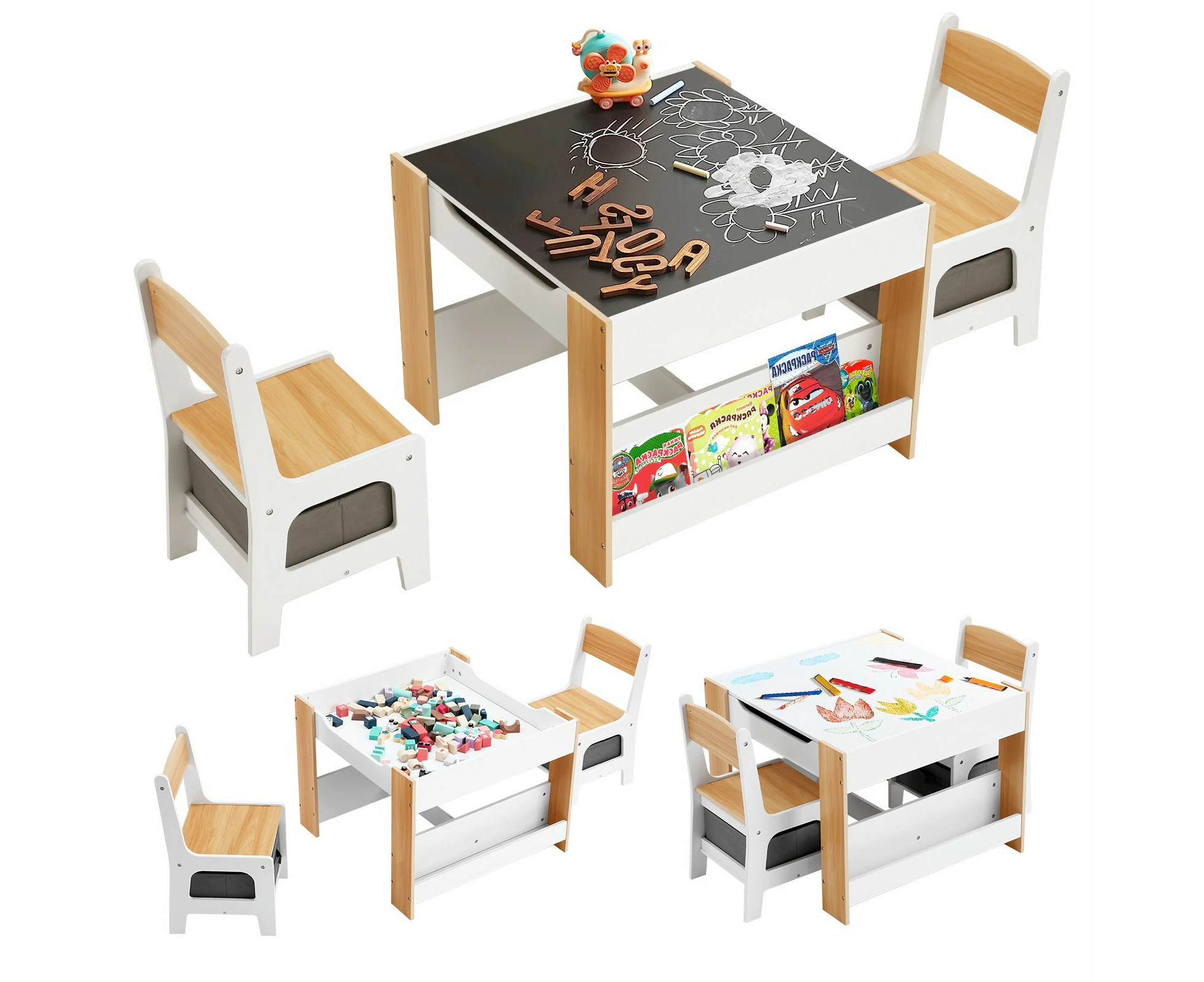 4 IN 1 Kids Table and Chairs Set Childrens Activity Centre Picnic Play Study Furniture Indoor Outdoor Drawing Art Gaming Craft Book Storage Desk