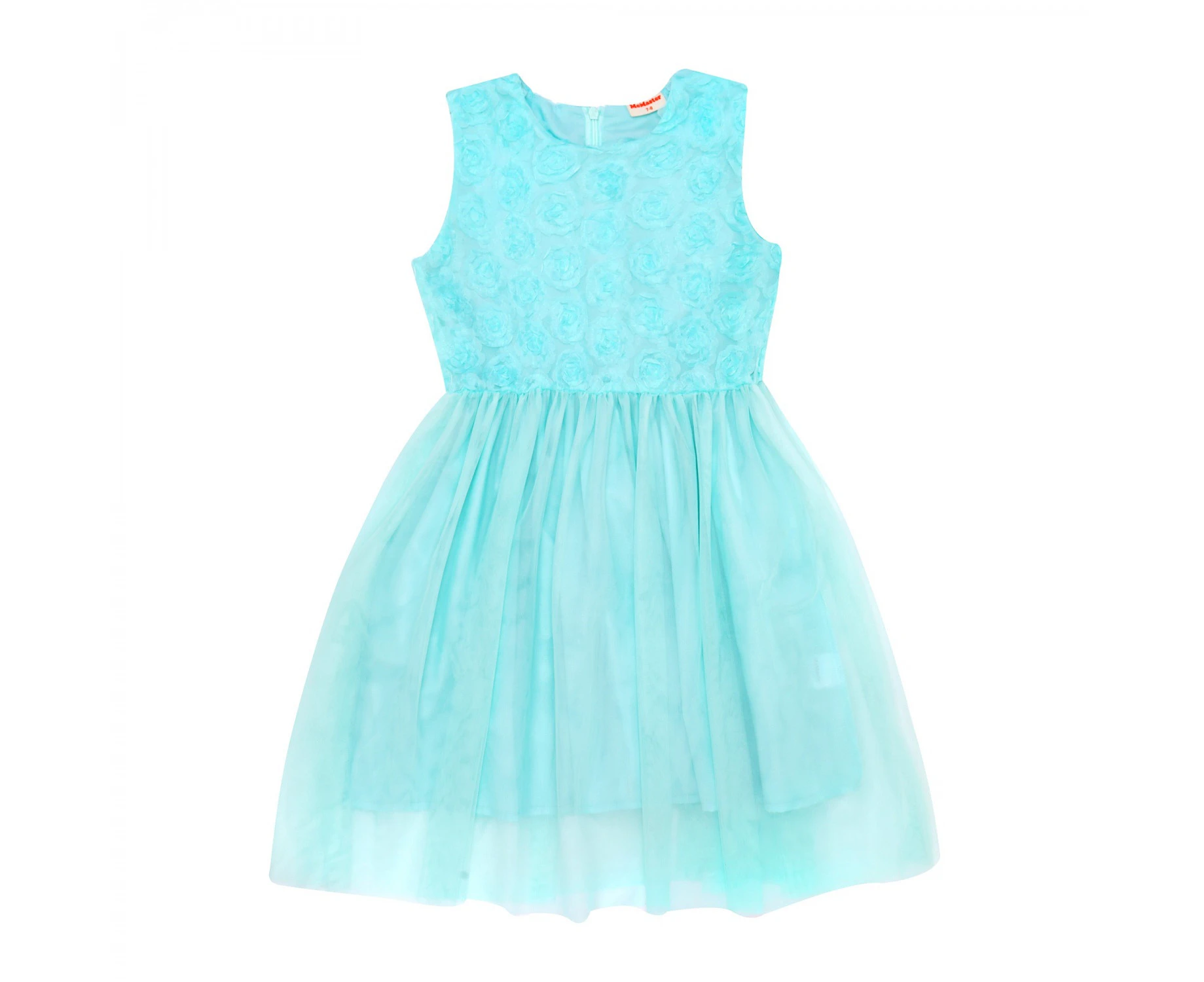 TEEN GIRLS 3D FLOWER MESH TULLE DRESS - AQUA